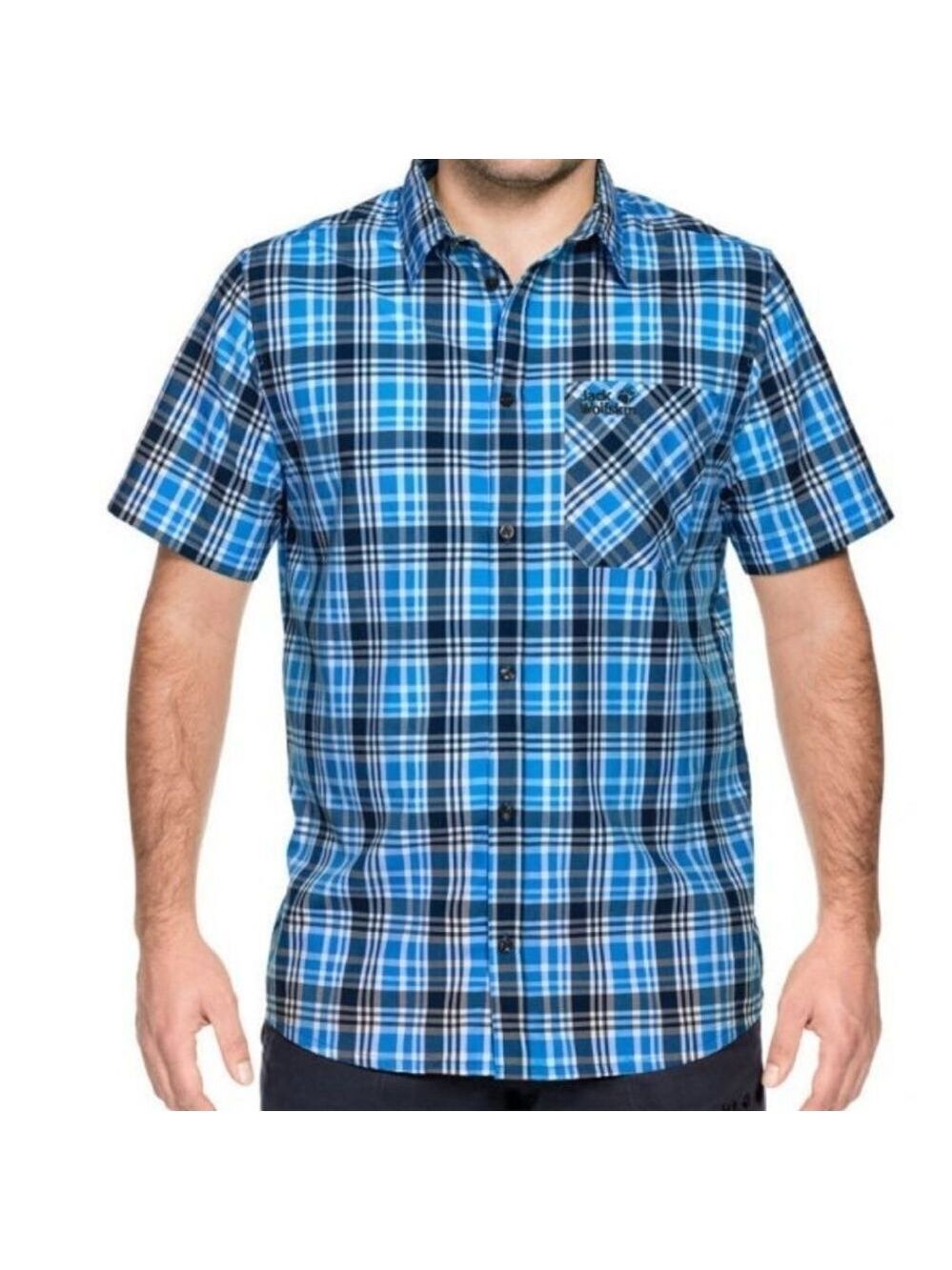 Jack Wolfskin Mens Checkered Blue Short Sleeve Casual Buttoned shirt Medium Fit